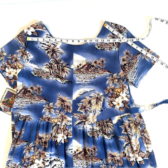 HILO HATTIE VTG NEW! BLUE HAWAII EMPIRE TIE-BACK MIDI SHORT SLEEVE DRESS SzL - Picture 11 of 14